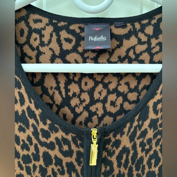 Rafaella Duster Dress Women's M Black & Brown Animal Print Leopard Zipper Knit - Picture 2 of 11